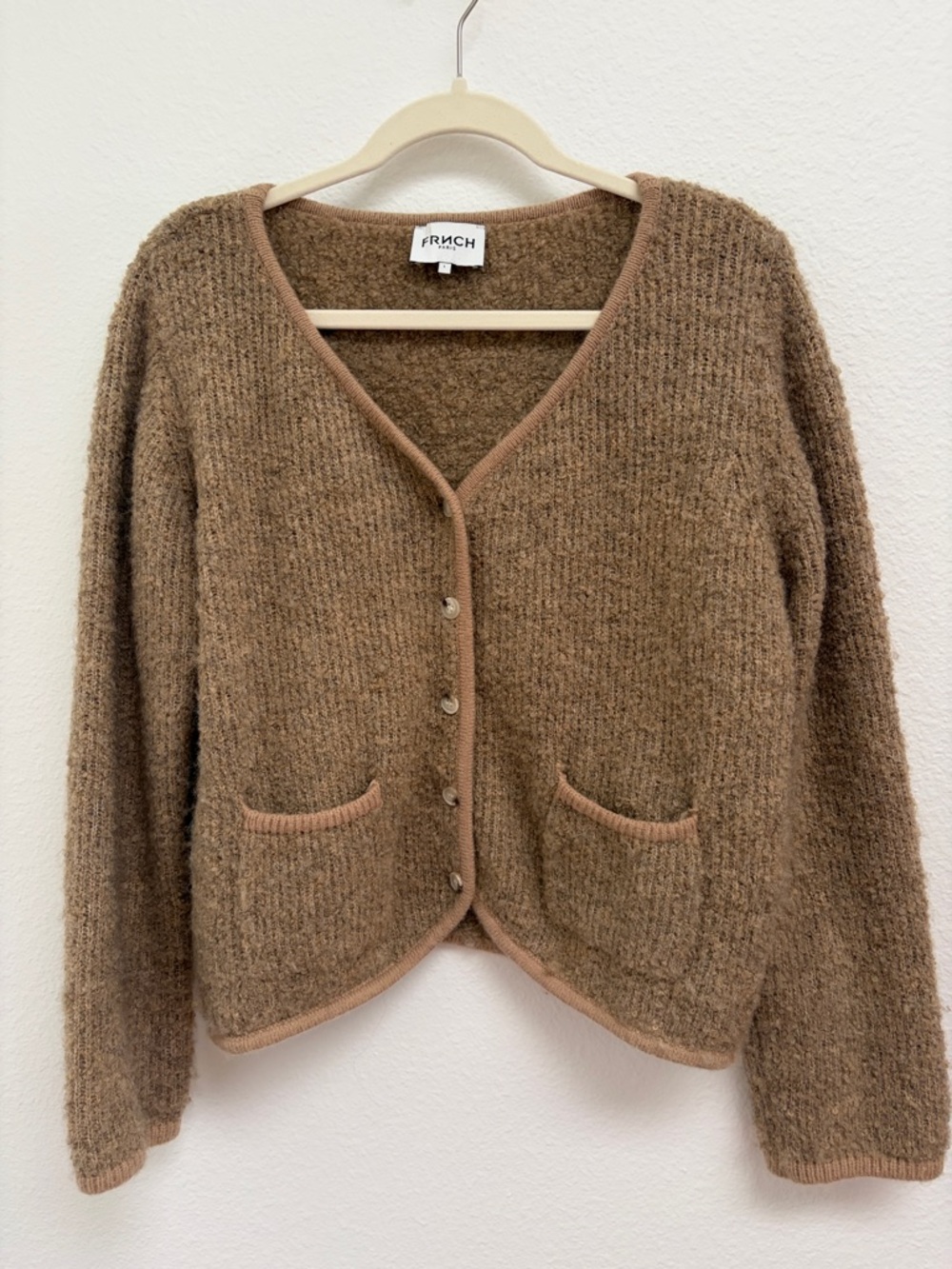 FRNCH Brown Tan V-Neck Button Front Cardigan